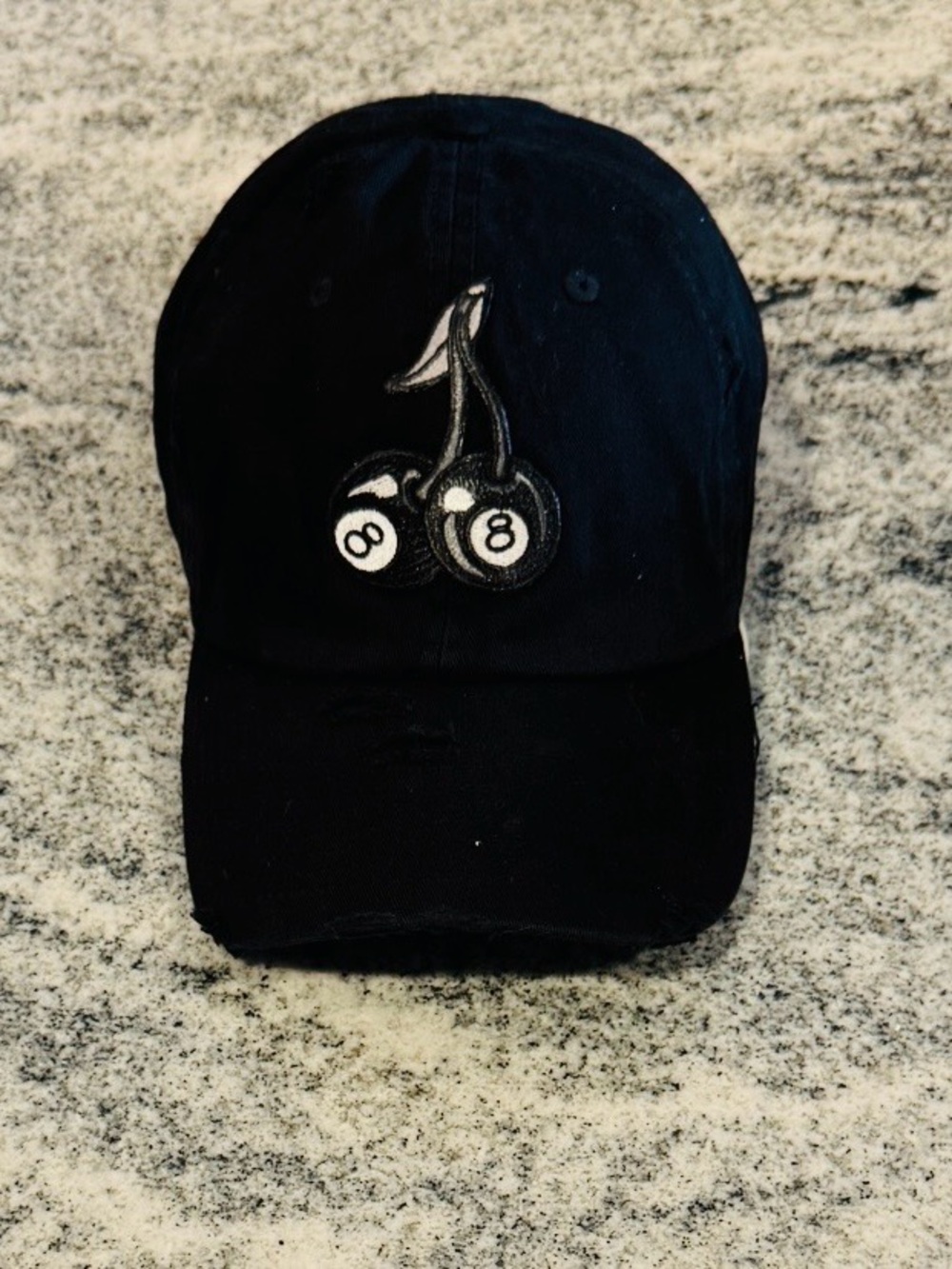 New Custom Designed Black Distressed Baseball Cap with Embroidered 8-Ball Leaf